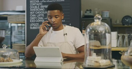 Leinwandbilder - Waiter, phone call in restaurant with tablet for service, contact us or bakery order and communication. Black man, barista and smartphone for talking, conversation or online bistro and small business