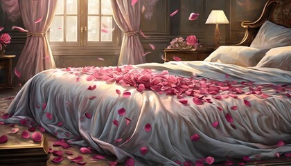 Wall Mural - pink rose petals scattered over silk satin bed sheets romantic visual