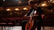 Ethereal footage of a Male Cellist Performing a Cello Solo on a Vacant Traditional Theatre Platform with Intense Illumination. Skilled Musician Practicing Prior to a Major Performance with Symphony.