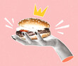 © Яна  - A woman's hand holds a big burger with a crown. Modern pop art illustration of fast food with halftone effect in retro collage style.