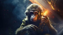 A Cool Monkey In Headphones Holds A Fiery Flame, Creating A Unique And Captivating Image. Generative AI.