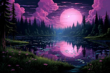 Wall Mural - Tranquil moonlit ponds, reflecting the serenity of the night sky - Generative AI