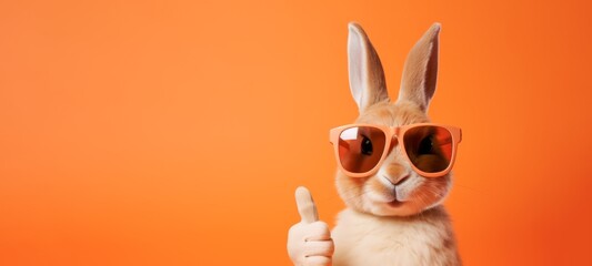 Funny easter animal pet - Easter bunny rabbit with sunglasses, giving thumb up, isolated on orange background