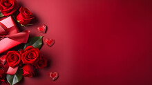 Happy Valentines, 3D Abstract Wallpaper Red And White Hearts And Red Rose Flower With Dark Background And Copy Space
