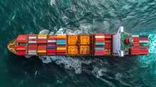 Cargo Ship At Sea From Above: Global Trade And Transportation Concept