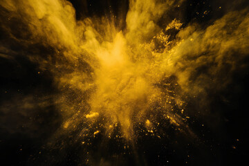 Wall Mural - yellow powder explosion isolated on black background. yellow dust particles splash. Holi Festival. Burst of colors series. Vibrant contrast. Celebration and creativity concept background texture 4