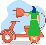 Fototapeta Młodzieżowe - Woman holding a large electrical plug near an orange scooter. Cartoon style with flat design and clean background. Eco transportation vector illustration.