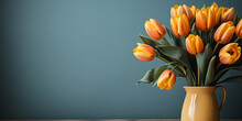 Yellow Tulip Flower Bouquet On Blue Background. Floral Wallpaper, Banner. February 14, Valentine's Day, Love, 8 March Women's Day Theme.	
