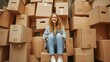 © mashimara - A smiling young woman sits surrounded by cardboard boxes in a storage room, moving day