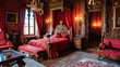An opulent royal bedroom with red velvet drapery and golden accents