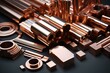 Metal products made of copper in various shapes like round, square, and hexagonal rods. Generative AI