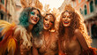 Tres amigas jovenes disfrazadas celebrando carnavalfiesta, gente, grupo, mujer, amiga, discoteca, diversión, club, chica, noche, baile, moda, sonriente, celebraciones, sonrisa, tres, vida nocturna, cu