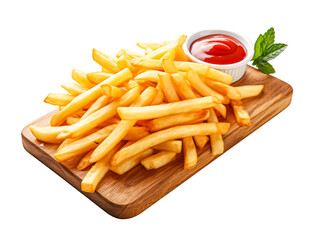 french fries with ketchup on a wooden chopping board isolated on a transparent background