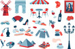 France symbols. Vector items on a white background. Big bundle collection of parisian cliché. Food, monuments, moulin rouge, cheeses, wine, croissant