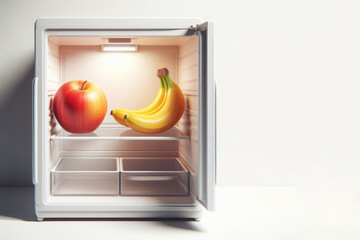 Apple and bananas lying in an empty refrigerator. Place for text.