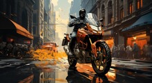 A Lone Rider Tears Through The City Streets, His Motorcycle's Wheel Cutting Through The Air As He Speeds Past Towering Buildings And Bustling Outdoor Scenes