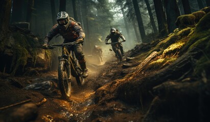 A band of adventurers navigates the winding trails of the forest on their mountain bikes, the rhythmic hum of their wheels echoing through the trees as they seek the ultimate thrill of freeride trans