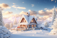 Snowy Log Cabin In Snowy Mountain Winter Landscape, In The Style Of Historical, Landscape-focused


