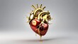 Human health care - golden heart. 3d Illustration of human heart with golden artery and details. Golden heart - pure heart concept. Creative idea - generative ai