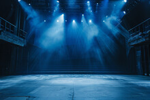 Empty Stage With Dramatic Monochromatic Lighting Design, Ready For A Performance The Stage Is Bathed In Shades Of Blue, Creating A Serene And Mysterious Atmosphere