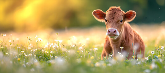 Wall Mural - banner of little cow on the spring flower background 