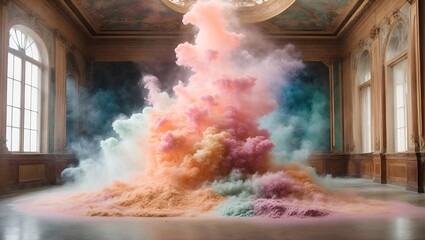 Wall Mural - Exploding powder in pastel colors in an old museum ambience. Abstract history of art concept. Fashion and design idea. Copy space.