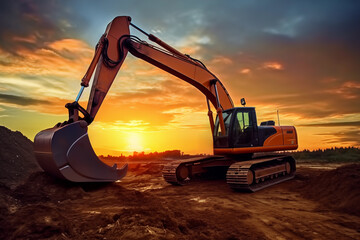 Wall Mural - Excavator works on a construction site during excavation work against a blue sky background. Open pit development for sand extraction