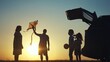 © maxximmm - family traveling by car. family watching the sunset silhouette next to the car in the park. family playing kite ball. people in the lifestyle park. family car camping resting in nature