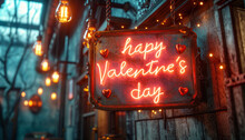 3D Sign With Text "happy Valentine's Day " Lightbulbs Hanging On Concrete Wall Background ,generative Ai