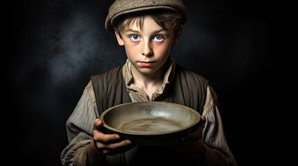 Oliver Twist with his beggin bowl looking into camera