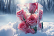 Eiswürfel im Schnee mit gefrorenen Rosen im Inneren