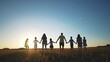 © maxximmm - big family. huge community family holding hands walking in the park at sunset. happy family kid dream concept. big family community walking with children in the park. sunlight friendly people walking