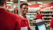 Smiling Male Mixed Race Cashier At Grocery Supermarket. Generative AI