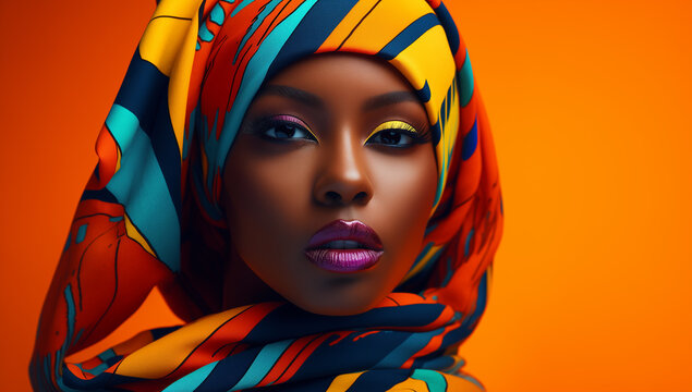 Beautiful black woman wearing makeup and a scarf on her head on an orange background
