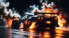 Drifting Car On Dark Black Background With Smoke. Supercar In Motion. Generative AI.