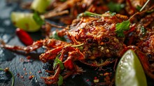 Close-up Of A Crispy Deep-fried Giant Water Bug, Garnished With Lime Wedges And Chili Flakes, On A Dark Slate Plate.
