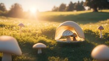 Mushroom In The Grass When Sunrise
