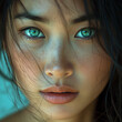 Close-up portrait of a beautiful asian woman with green eyes.