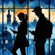 silhouette of man and woman using cell phone. addiction to technology. fomo, social media. illustration. lonely people