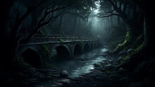 There Is A Narrow Road And A Bridge, A Pinas Forest In The Dark Black Night... There Is A Bright, Bright Moonlight