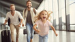 © tiagozr - Happy family, gay couple parents, and young daughter excitedly running to catch their plane. AI Generated