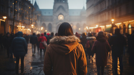 Wall Mural - people walking in the city street crowd at winter time