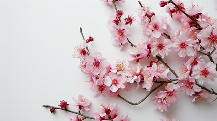 Wall Mural - Pink Cherry blossoms branch on white background. Minimalistic design. Copy space