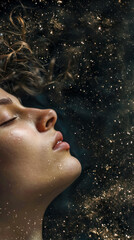 Wall Mural - dreamlike scene of a woman's profile with her eyes gently closed, merged with a cosmic backdrop filled with stars, suggesting a peaceful slumber under a starry sky.