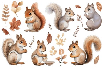 Set of Squirrel in different poses, watercolor style design