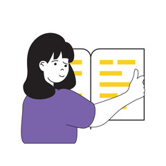 Aufkleber - Book reading concept with cartoon people in flat design for web. Woman holds open book, researches text document, learns with textbook. Vector illustration for social media banner, marketing material.