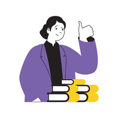 Aufkleber - Book reading concept with cartoon people in flat design for web. Woman with stack of books researching new business information. Vector illustration for social media banner, marketing material.