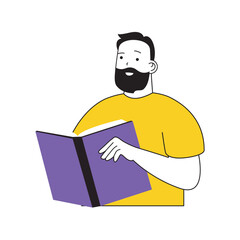 Aufkleber - Book reading concept with cartoon people in flat design for web. Man reads open book, researching new intellectual novel in library. Vector illustration for social media banner, marketing material.