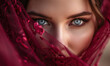 intense gaze of woman with burgundy veil, closeup portrait 