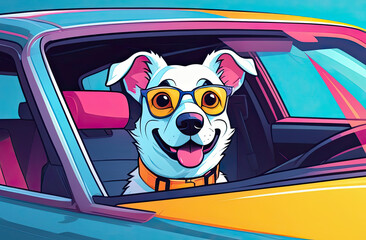 Dog enjoying a ride with the car funny illustration